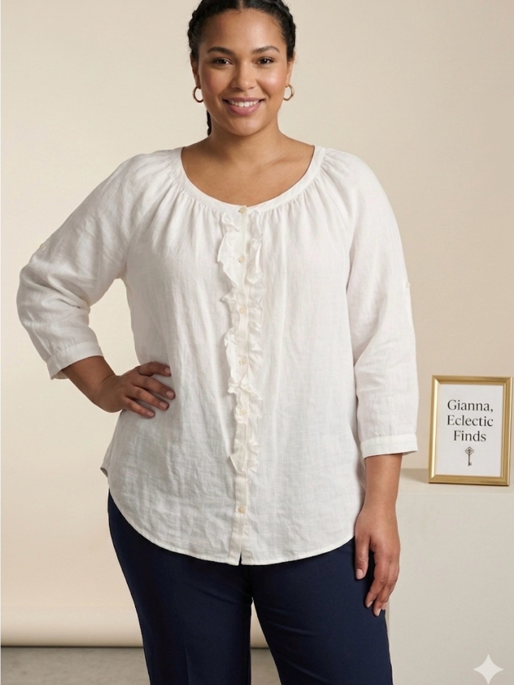 Ralph Lauren Romantic Off-White Ruffle Linen Blouse Size 3X